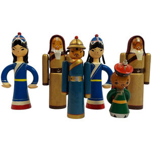 Vintage MY3 Mongolia Imperial Wood Dolls Lot of 6 Woman Man Painted Figurines